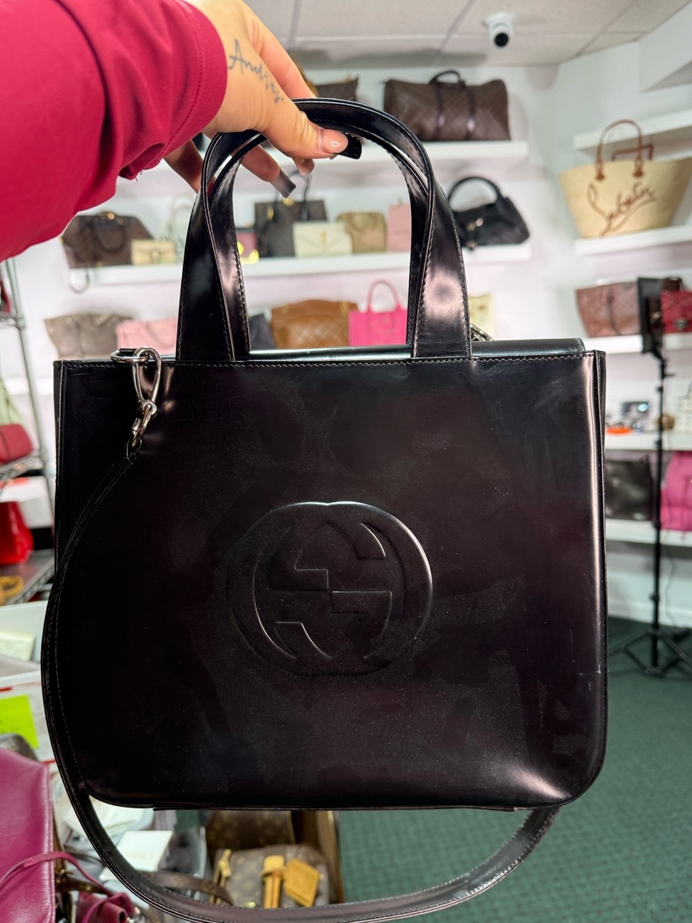 Gucci Black Embossed Logo Top-Handle Tote